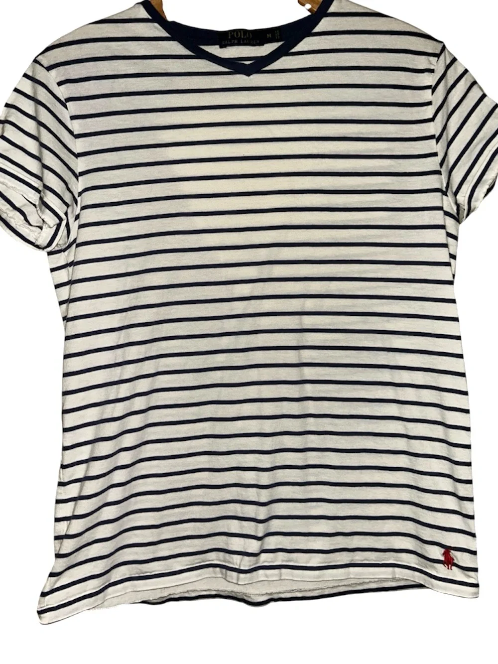 Ralph Lauren Navy and White Striped V‑Neck Tee